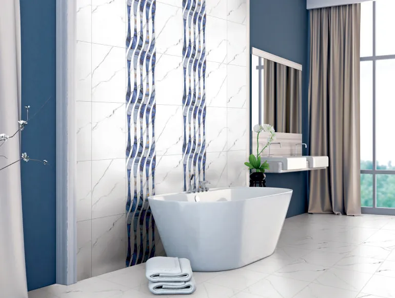 Statuario Bianco ceramic tiles for marble bathroom design featuring bathtub and sink